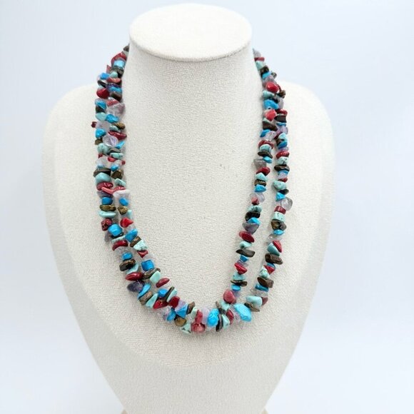 Vtg Southwestern Silver 925 Turquoise Nugget Gemstone Multi Strands Necklace - Picture 1 of 13